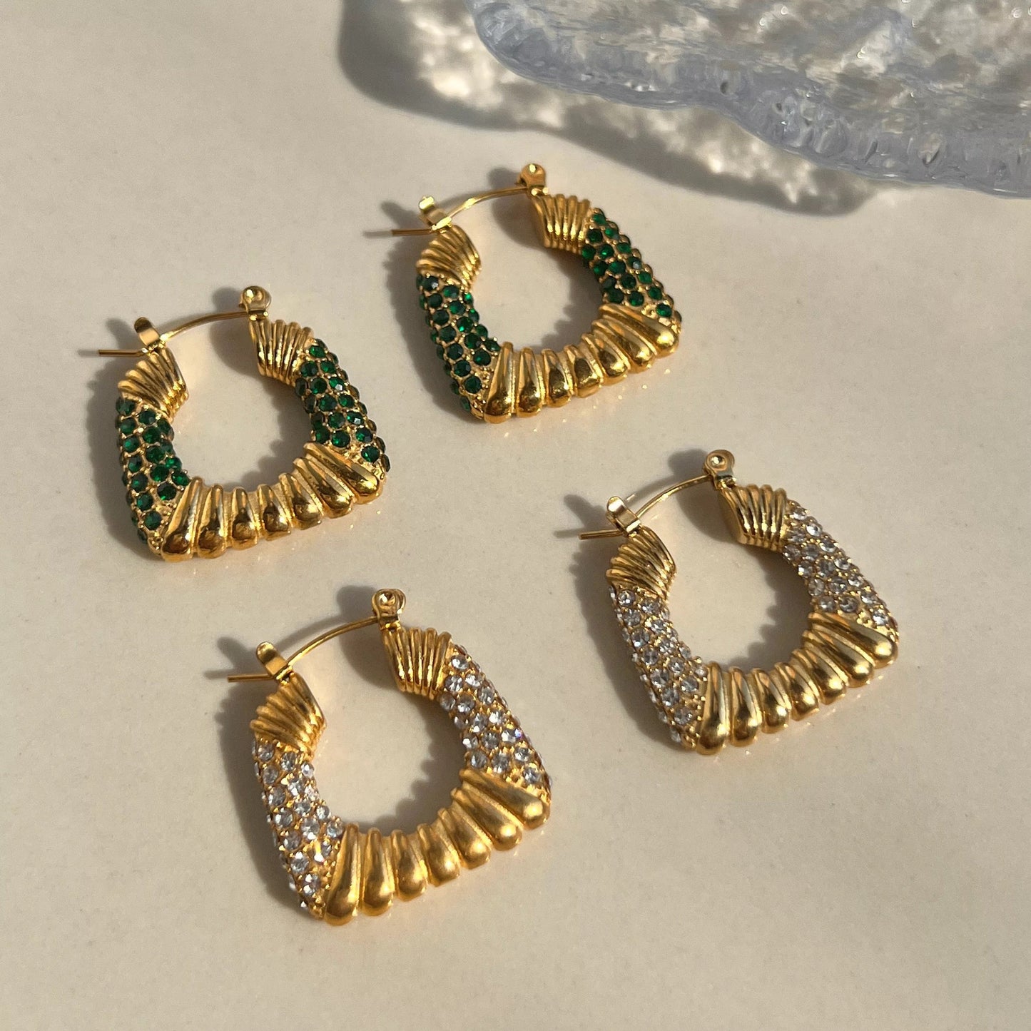Waterproof gold hoop earrings with crystal details