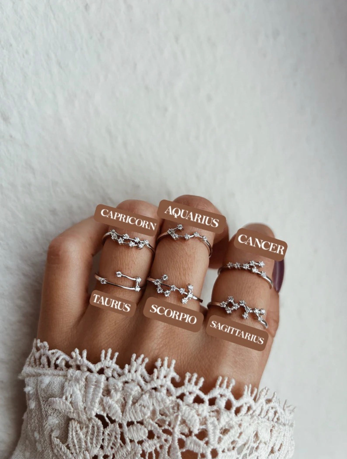 Detail of waterproof constellation ring in sterling silver