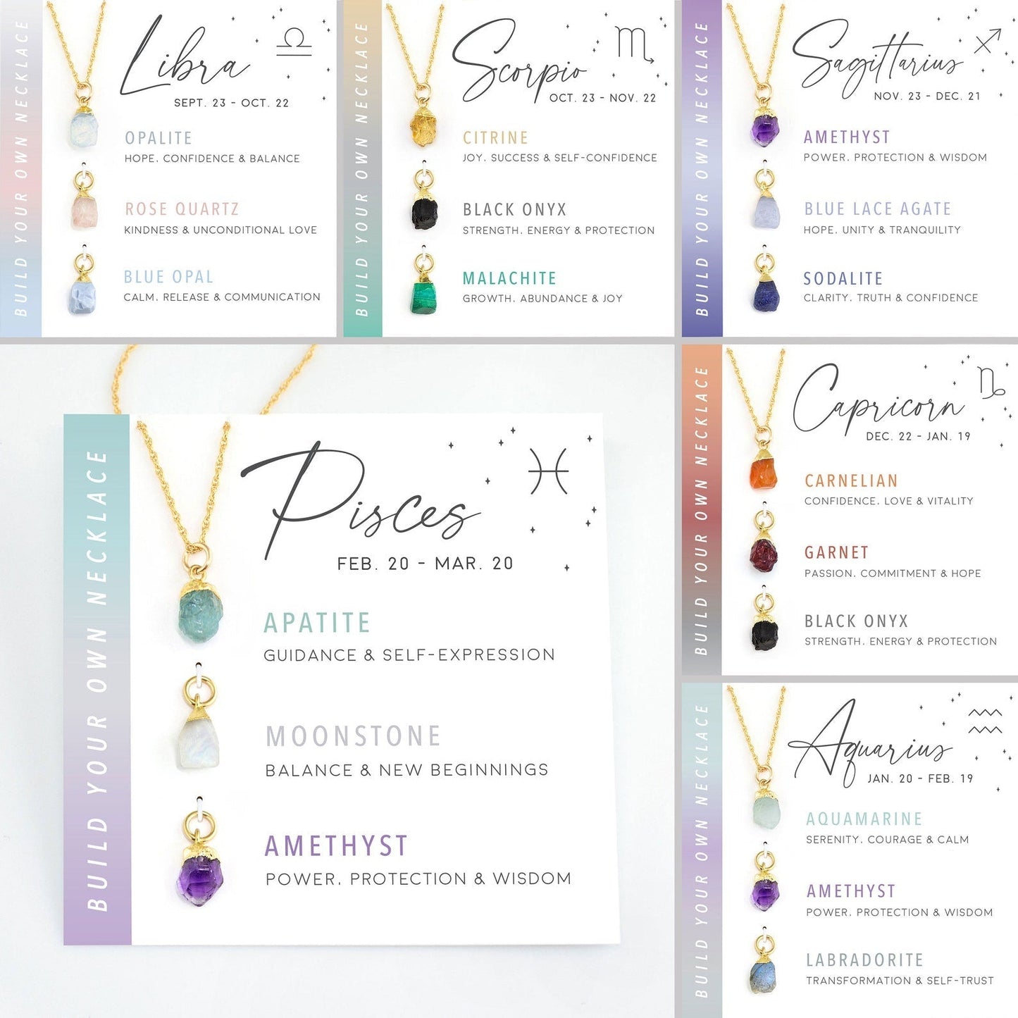 Flatlay of birthstone necklace and zodiac card