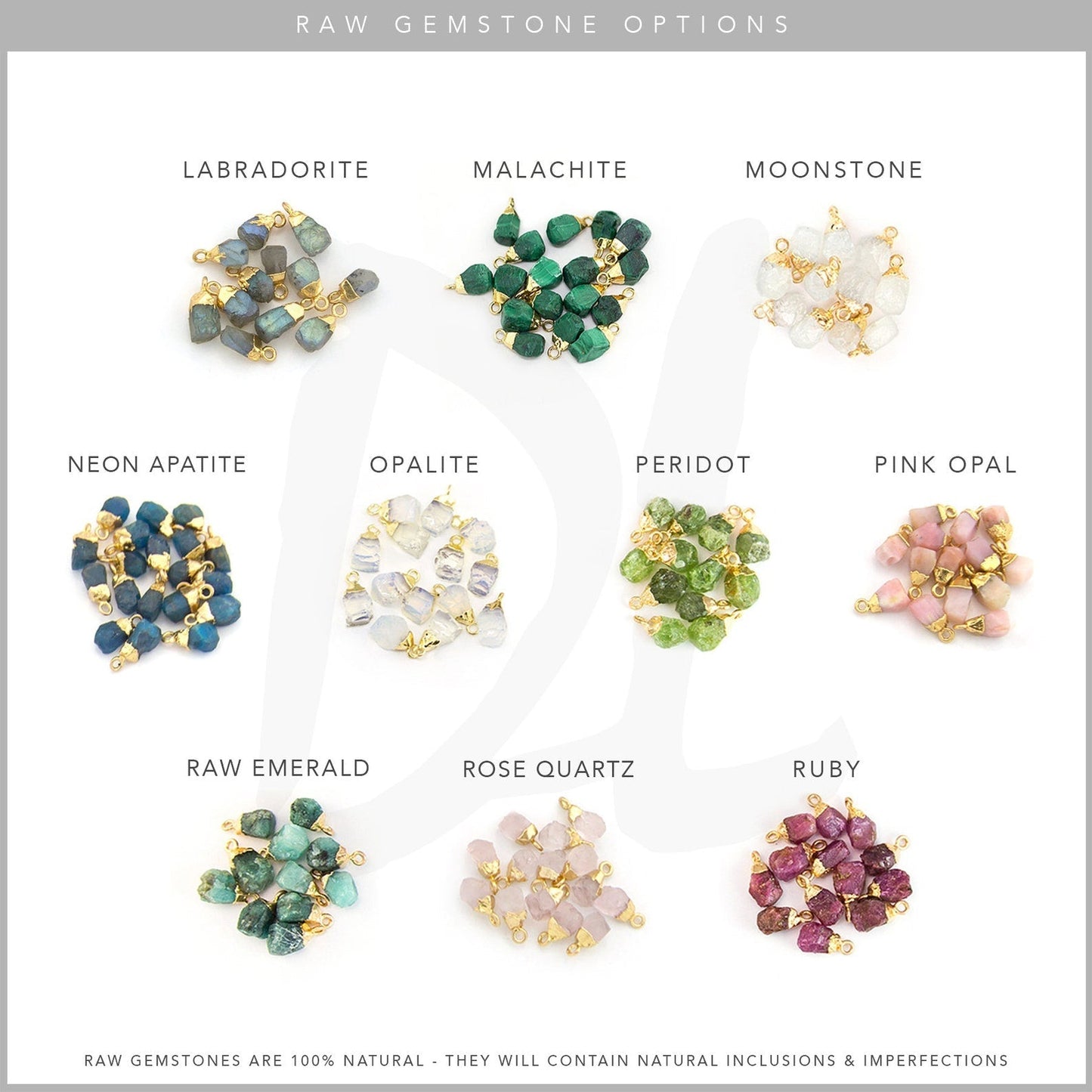 Raw gemstone zodiac charms displayed separately
