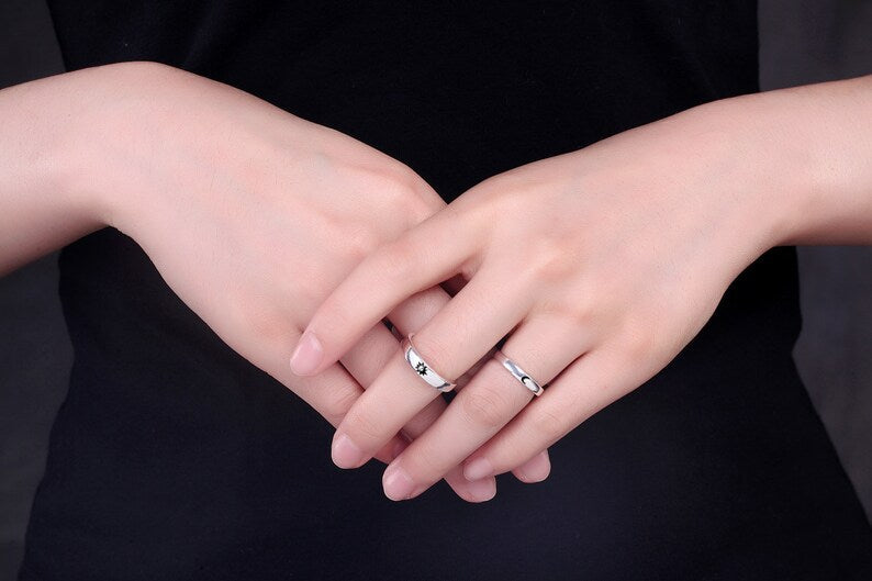 Bagues assorties Lune et Soleil – Ensemble de bagues de couple réglables