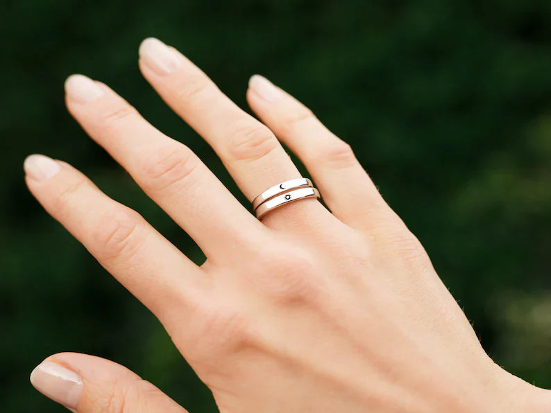 Bagues assorties Lune et Soleil – Ensemble de bagues de couple réglables