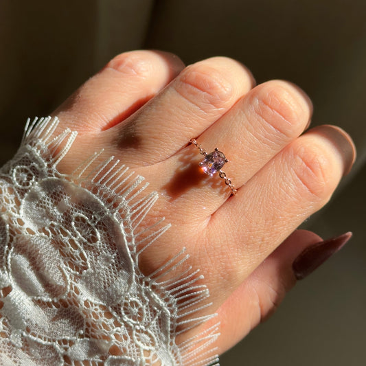 Adjustable dusty pink chain ring in 14K rose gold & 925 silver