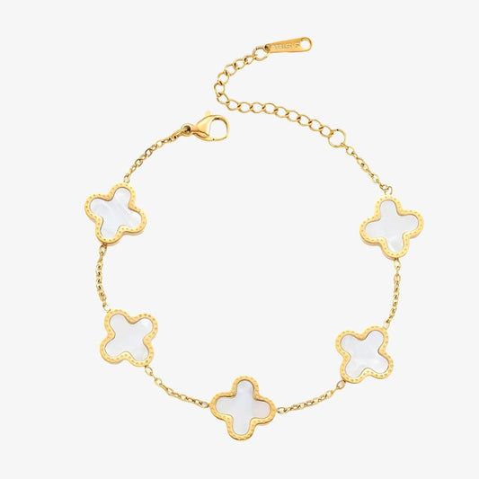Clover bracelet with white shell – front view in gold