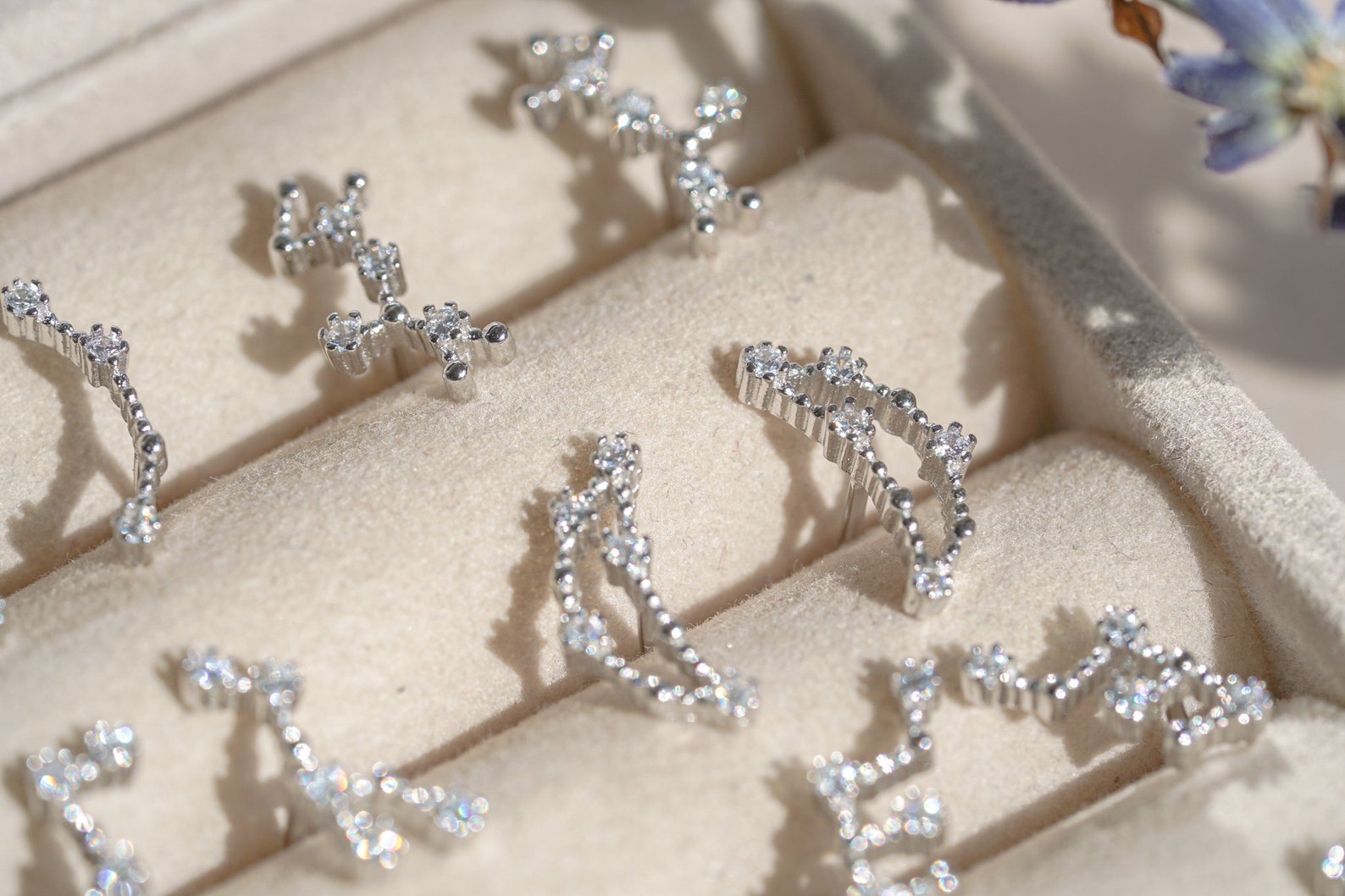 Zodiac constellation earrings displayed in gift box
