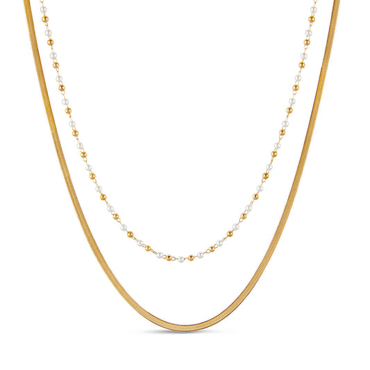 Contrast Pearl Layered Snake Chain Halskette Gold – Vorderansicht