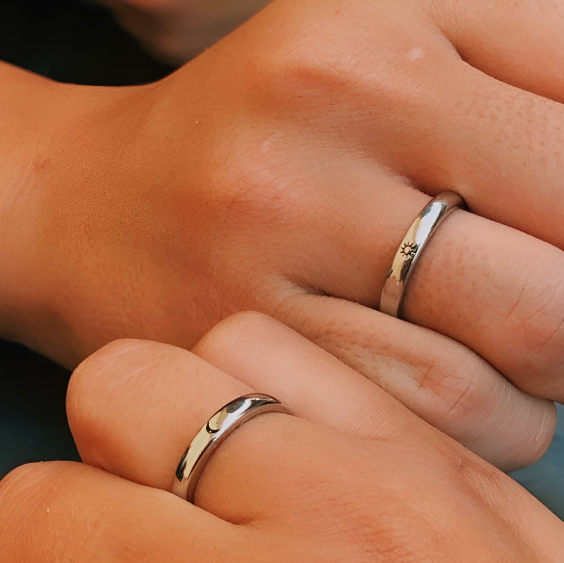 Unisex Moon & Sun matching rings styled on both hands
