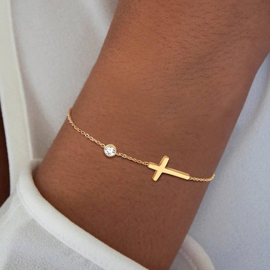 Waterproof dainty gold cross bracelet with crystal – Loveness