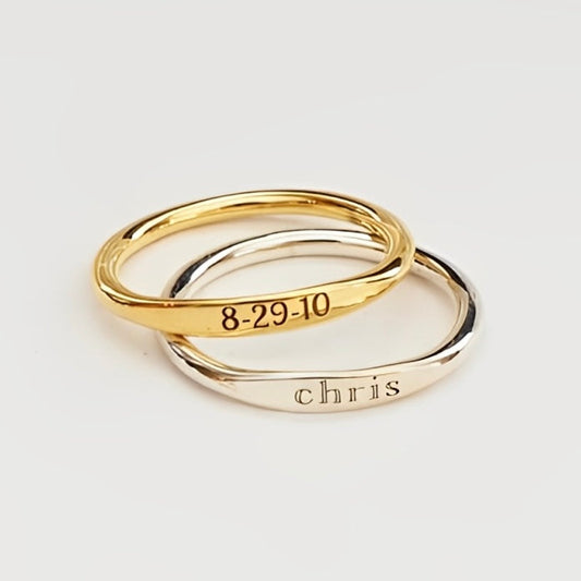 Custom name stacking ring with engraved text – front view
