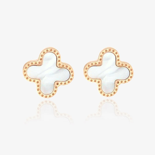 Front view of white clover stud earrings in gold and silver