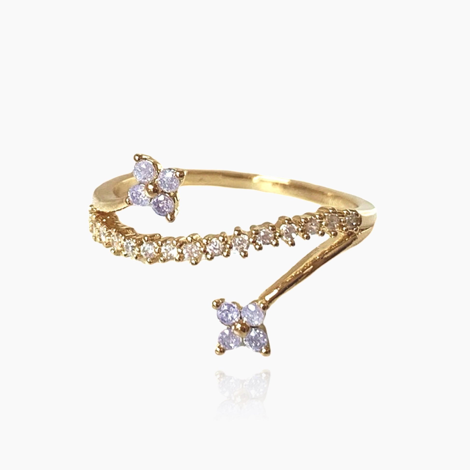 Gold flower arch ring with crystal details – front view