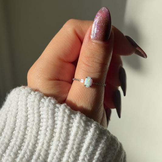 Dainty White Opal adjustable chain ring in 925 silver