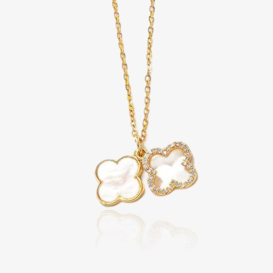 Gold double clover necklace with sparkling CZ crystals