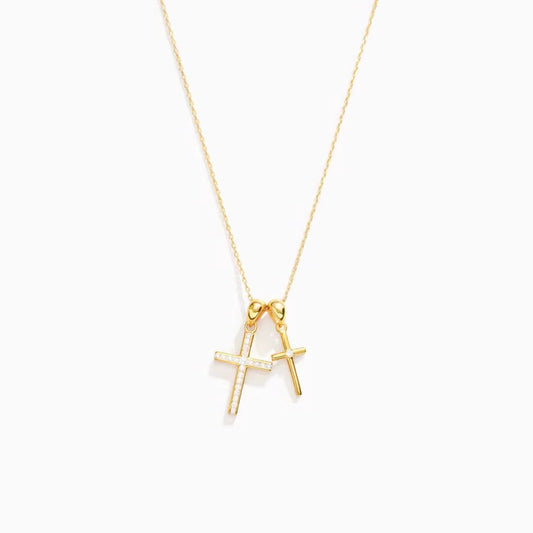 Dainty double cross necklace with CZ stones in gold