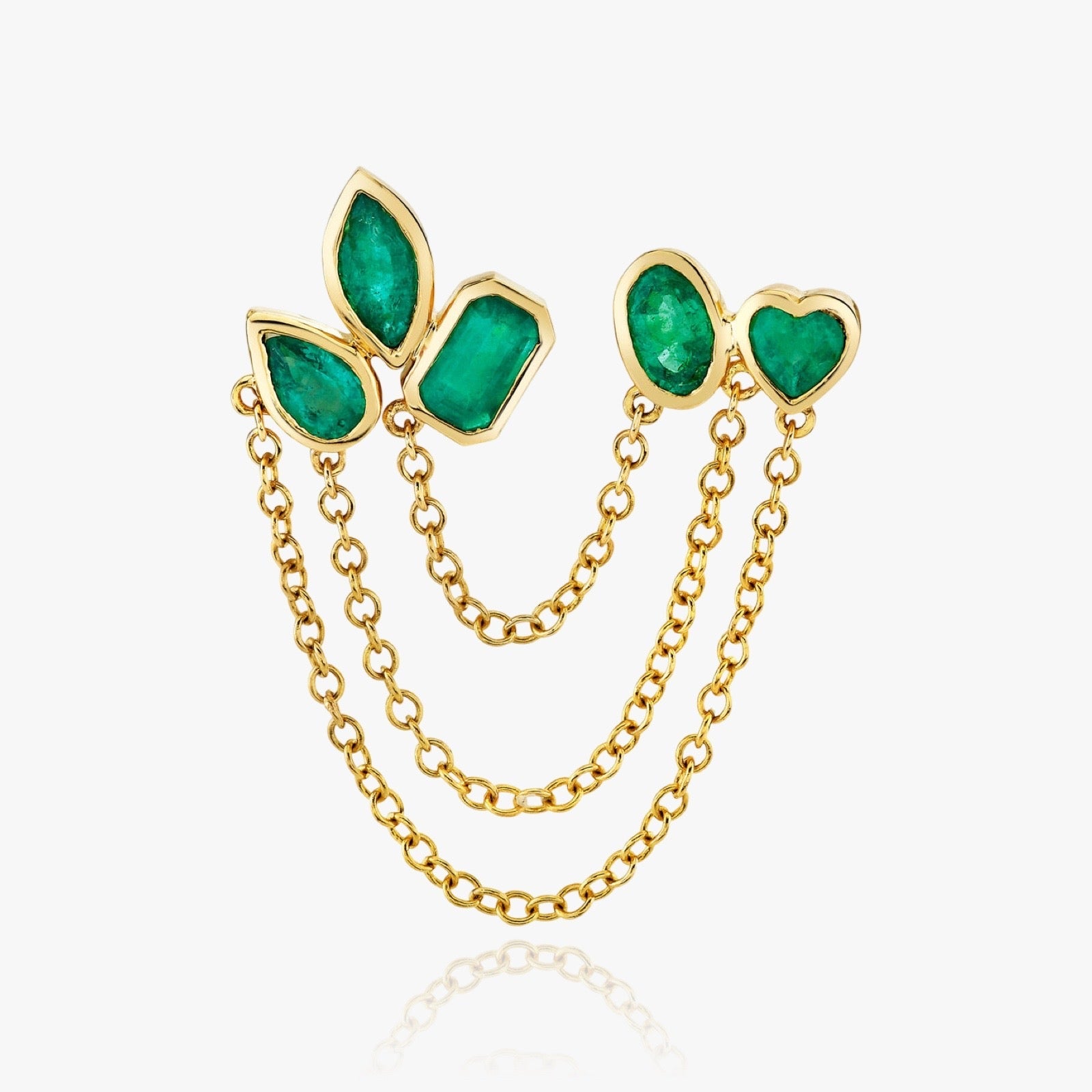 Front view of Elite Duo chain linked earrings in emerald and white stone