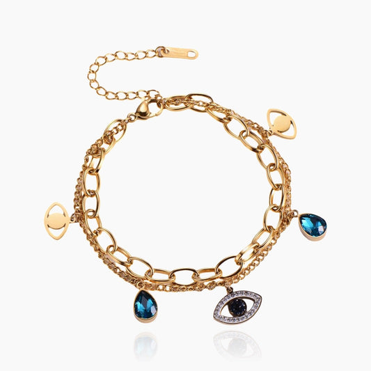Front view of Evil Eye crystal bracelet in gold and silver