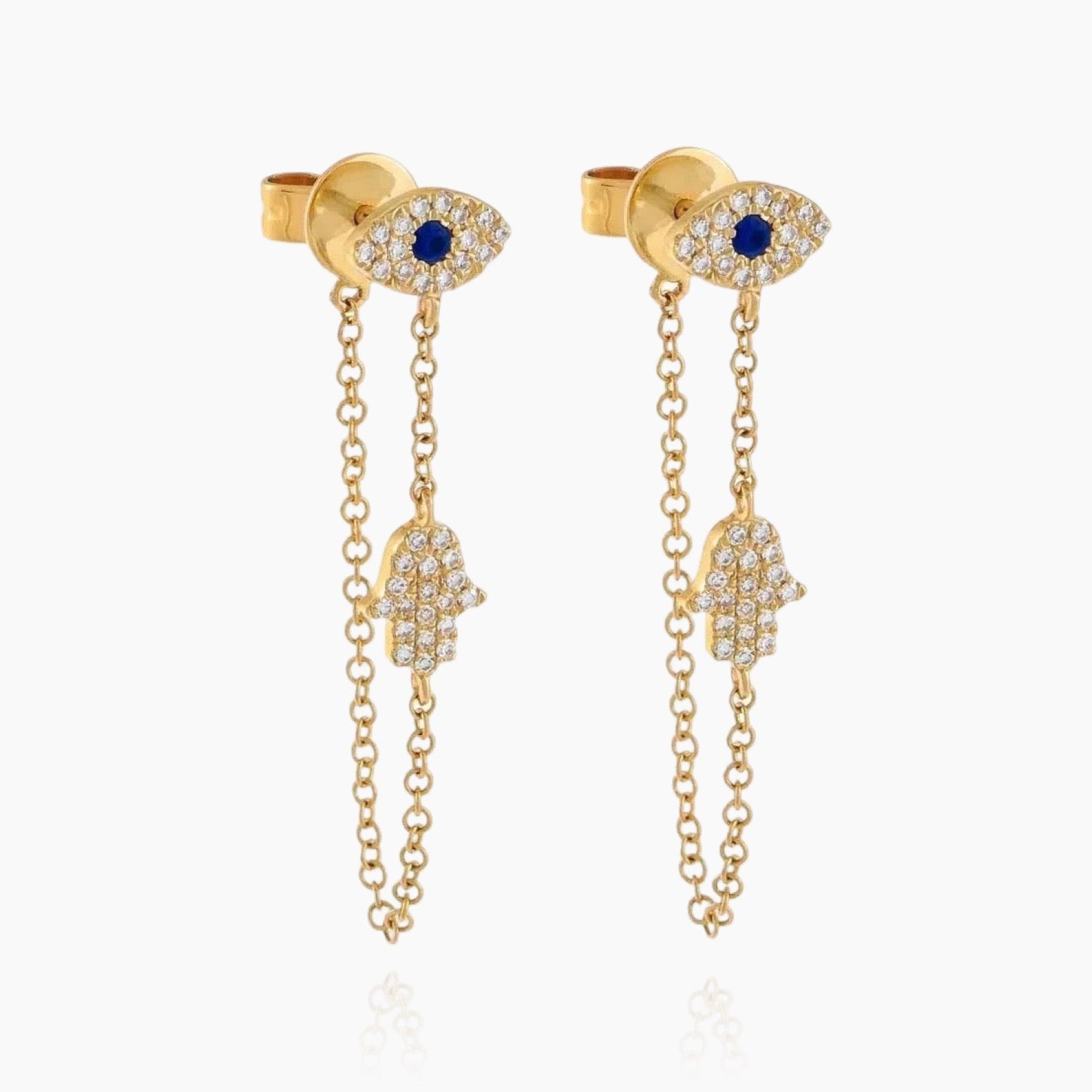 Evil eye dangle chain earrings in 18K gold plating