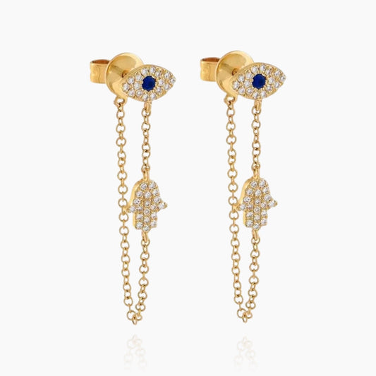 Evil eye dangle chain earrings in 18K gold plating