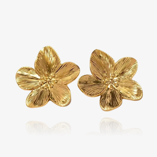 Front view of gold Flower Love earrings with floral design