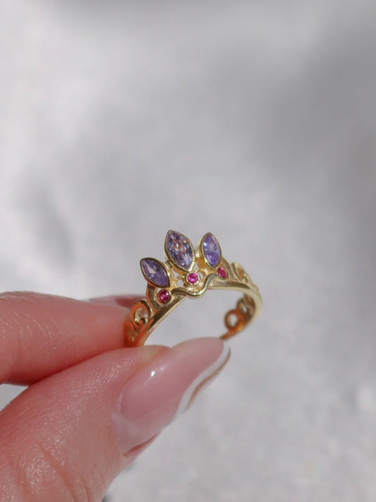 Rapunzel Crown Ring Adjustable 925 Sterling Silver with Purple Zirconia