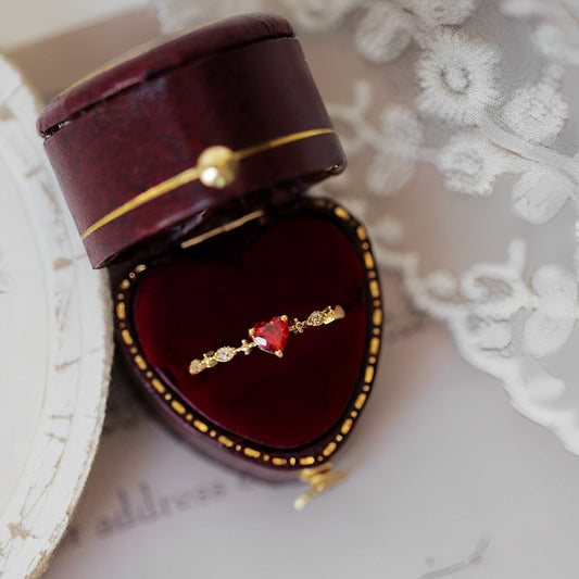 Front view of red heart ring in 925 sterling silver