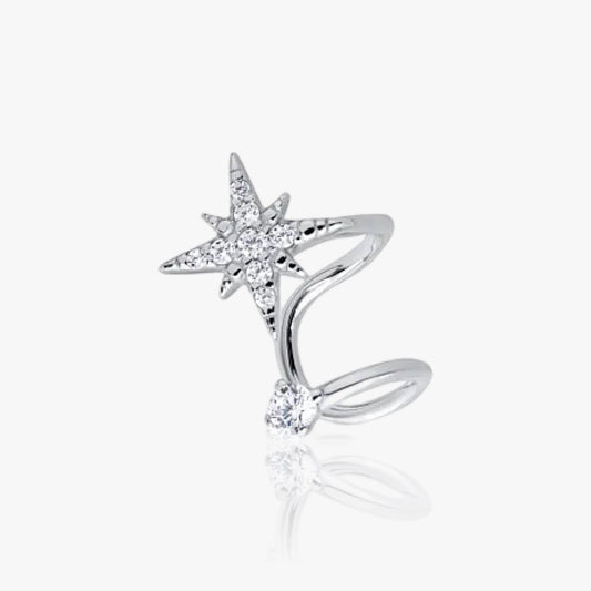 Front view of 8-point star crystal ear cuff in gold and silver