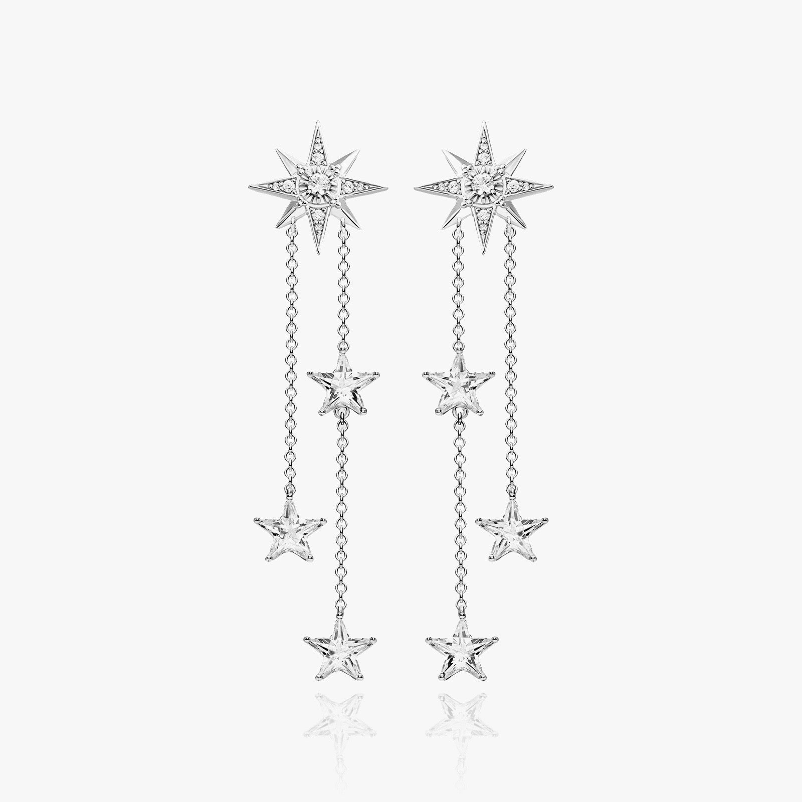 Front view of Lucky Stars drop earrings with gold and silver chains