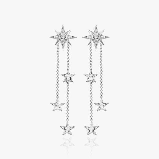 Front view of Lucky Stars drop earrings with gold and silver chains