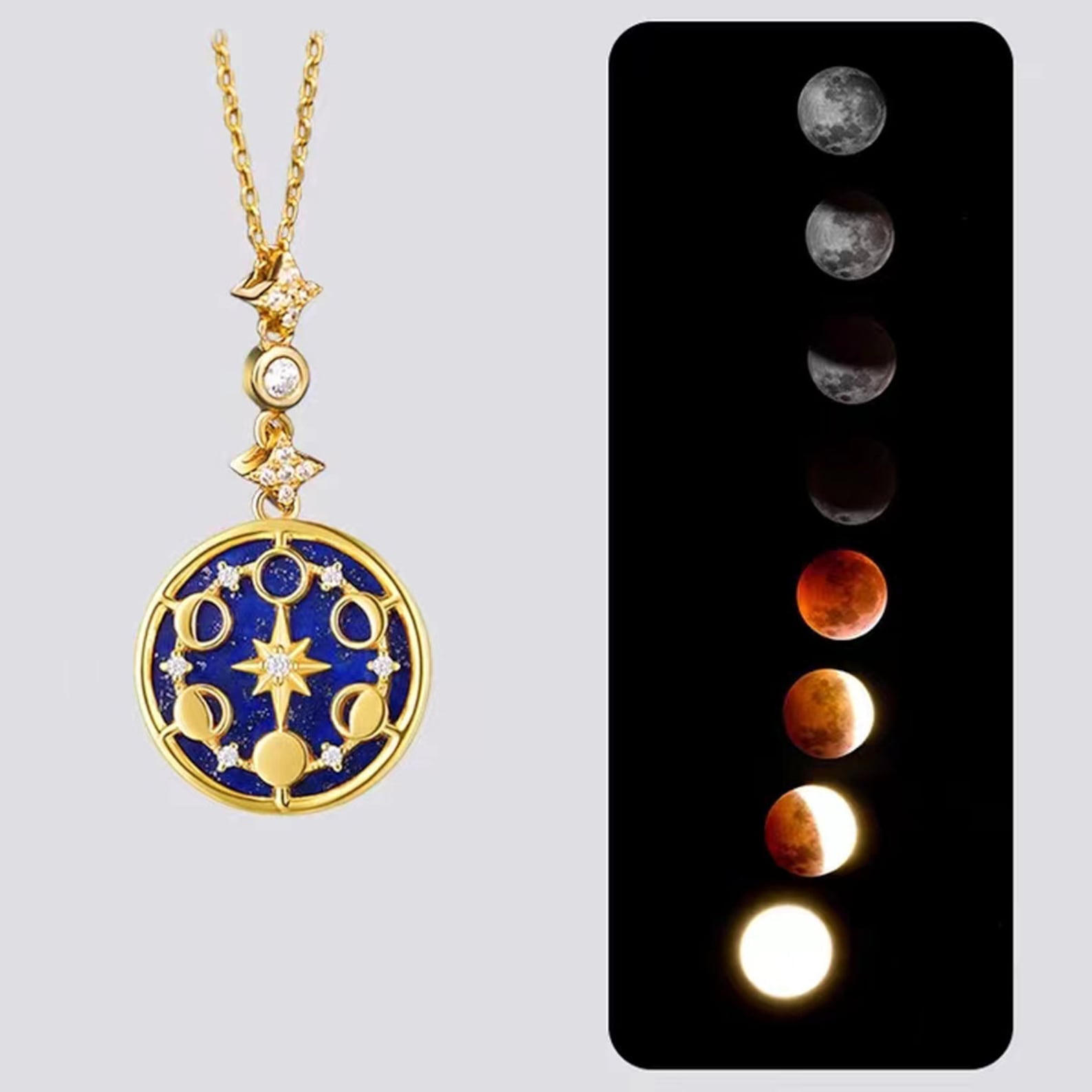 Close-up showing the moon phase symbols and blue stone