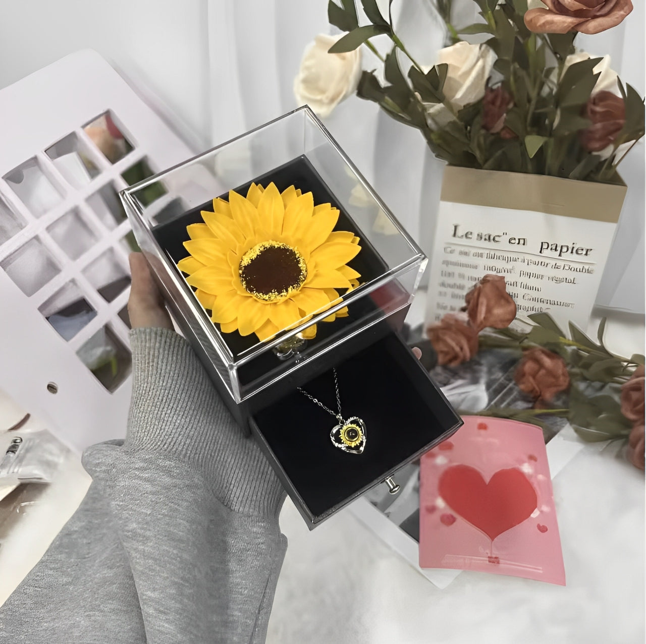 Elegant sunflower jewelry box with necklace inside