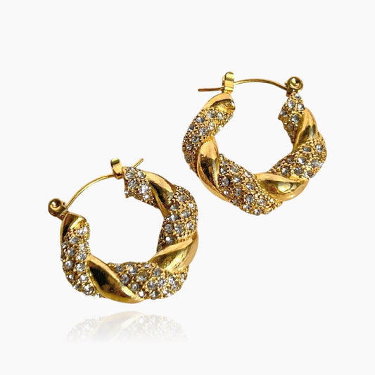 Front view of MADDIE lime green crystal pave hoop earrings