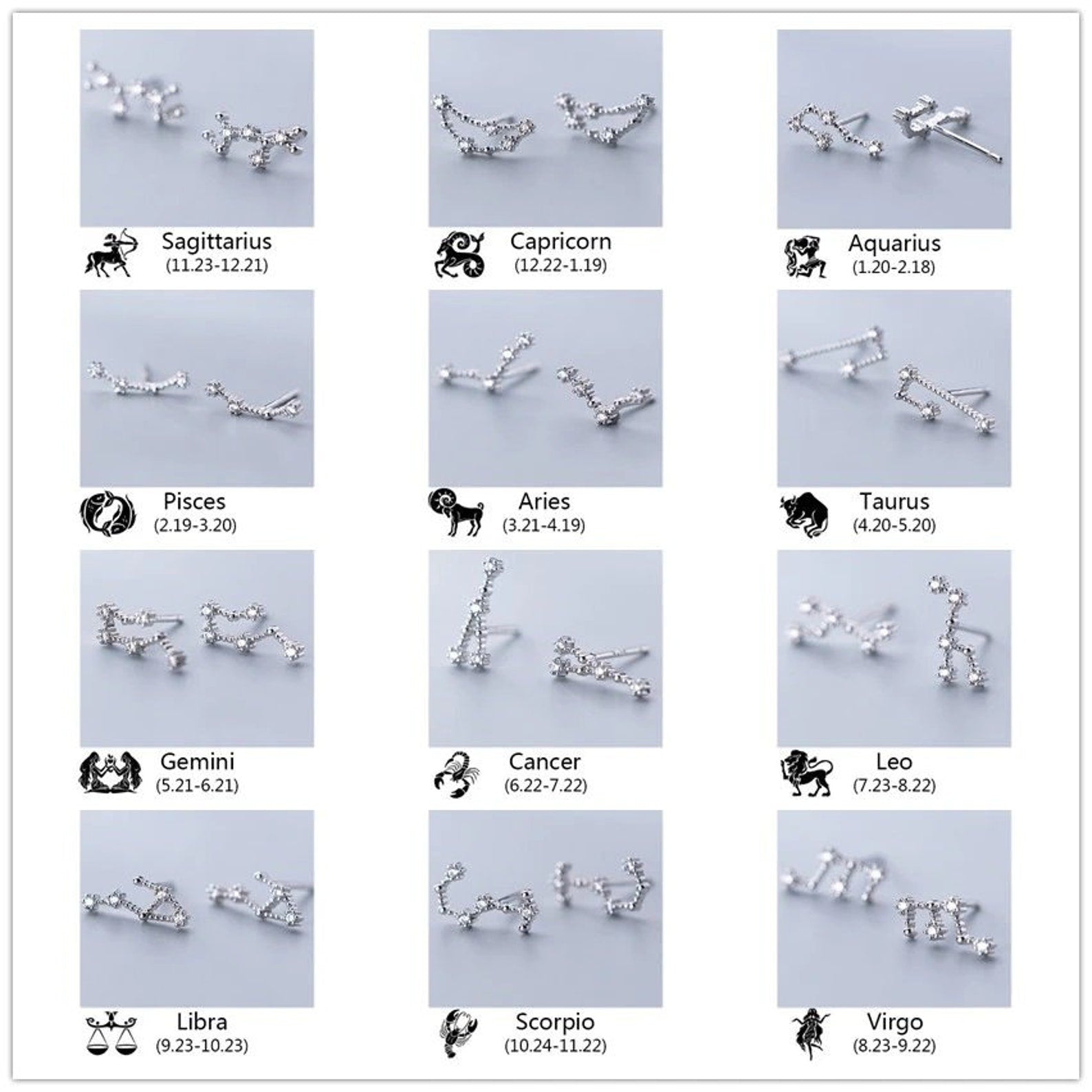 inimalist sterling silver zodiac stud earrings