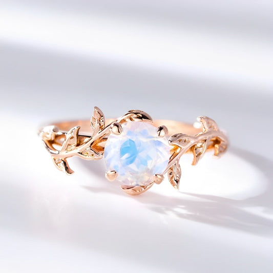 Moonstone ring with leaf design – front view