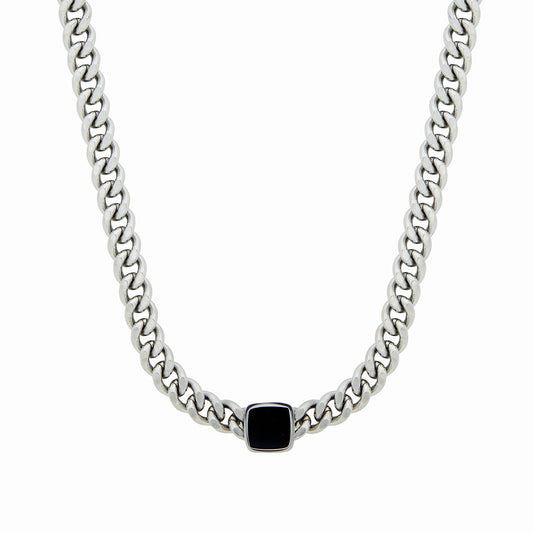 Onyx Quadrat Anhänger Cuban Kette Silber – Vorderansicht