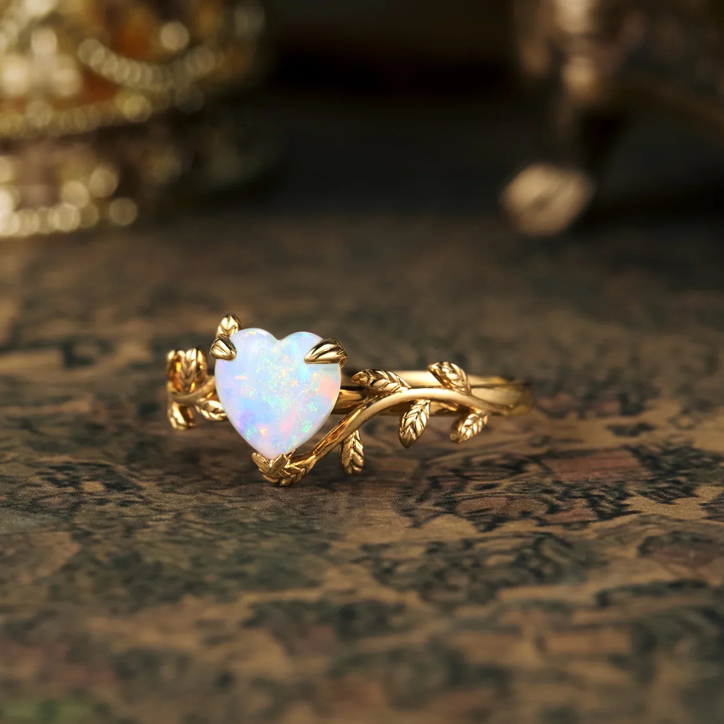 Waterproof opal ring with heart-shaped gemstone