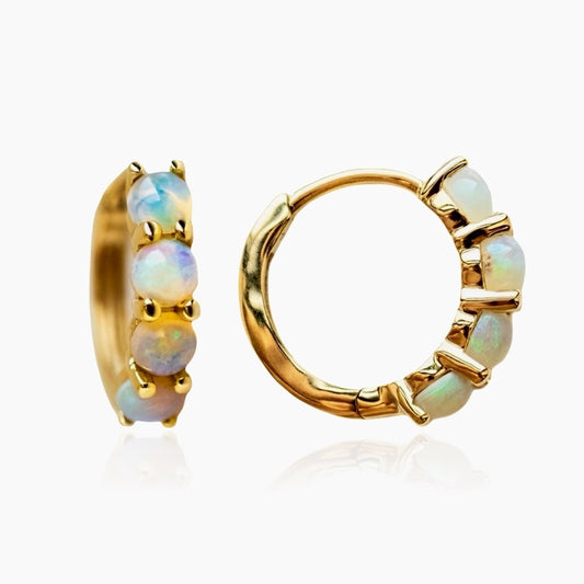 Front view of opal gemstone hoop earrings in gold