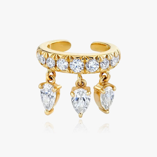 Front view of pear cut crystal ear cuff in gold and silver