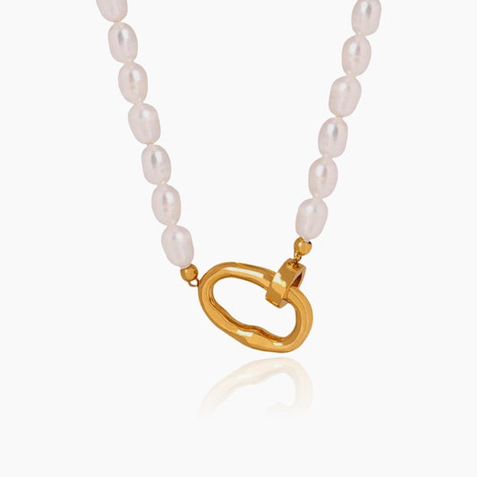 Front view of Pearl Clasp Necklace with natural pearls and gold finish