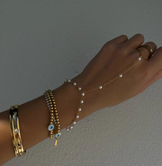 Gold pearl hand chain bracelet – waterproof elegant jewelry by Loveness