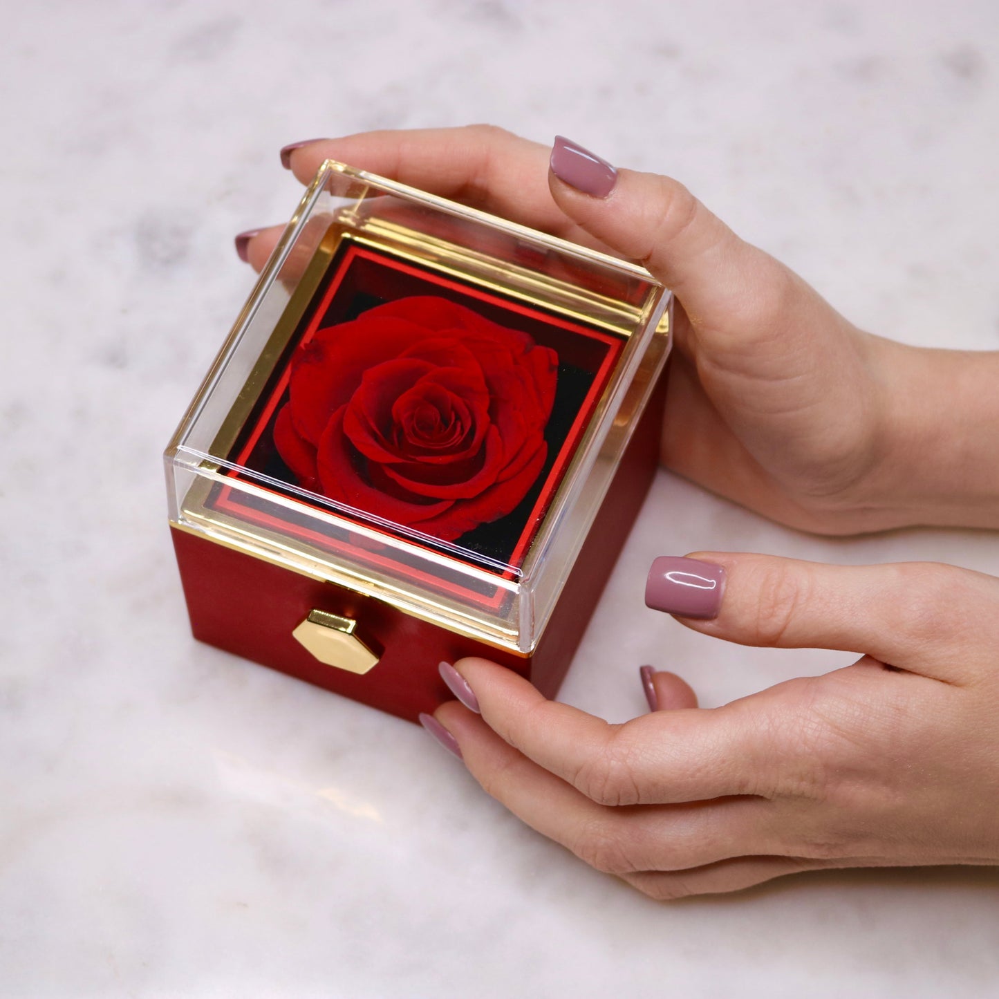 Eternal rose box opened showing engraved necklace