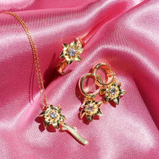 Rapunzel Flower Gleam & Glow Set – Silver Necklace, Earrings & Ring