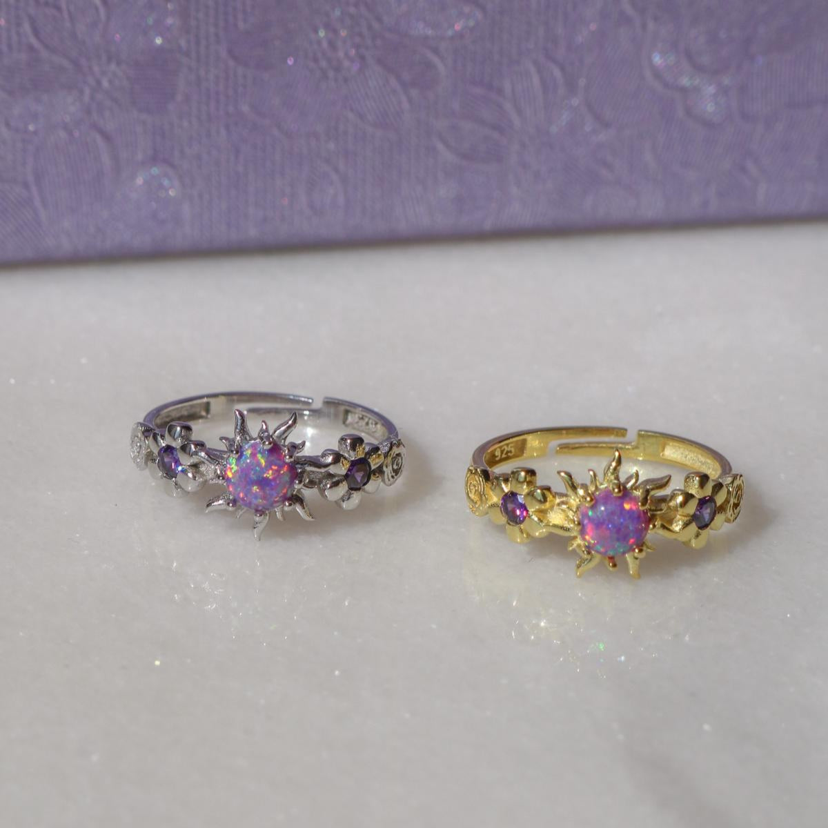 Rapunzel-inspired opal ring with floral design in sterling silver