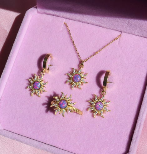 Rapunzel Sun Opal Jewelry Set – Necklace, Earrings & Ring 925 Silver