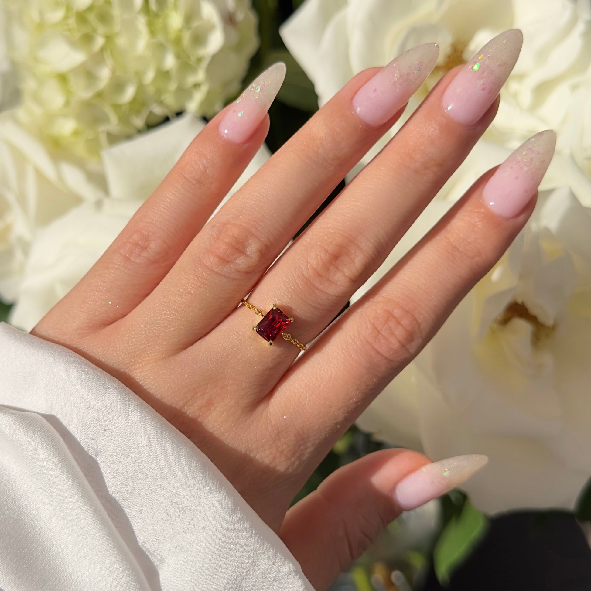 Adjustable chain ring with Red Garnet cubic zirconia