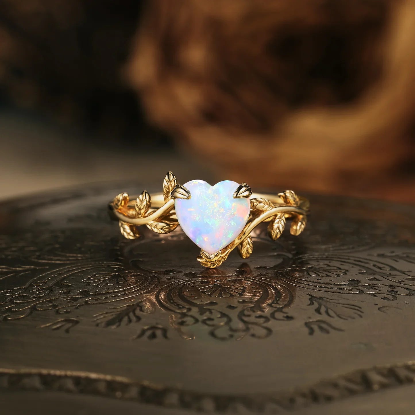 Romantic opal engagement ring with sparkling stones
