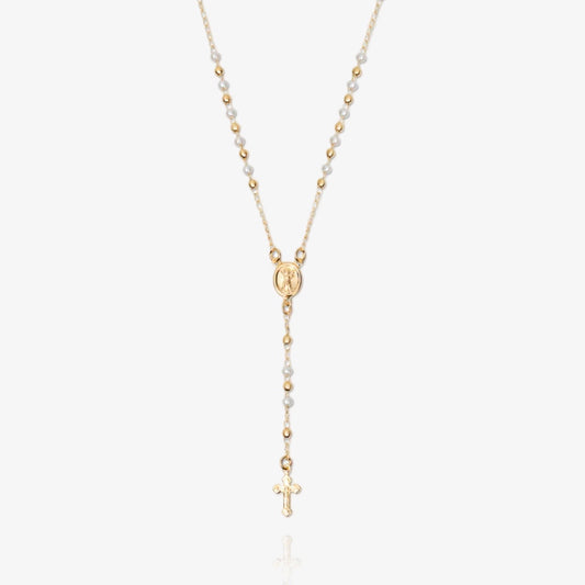 Mary rosary lariat cross necklace with pearls