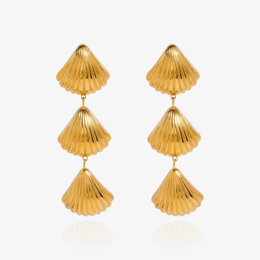 Front view of Shell Trio earrings in gold and silver finish