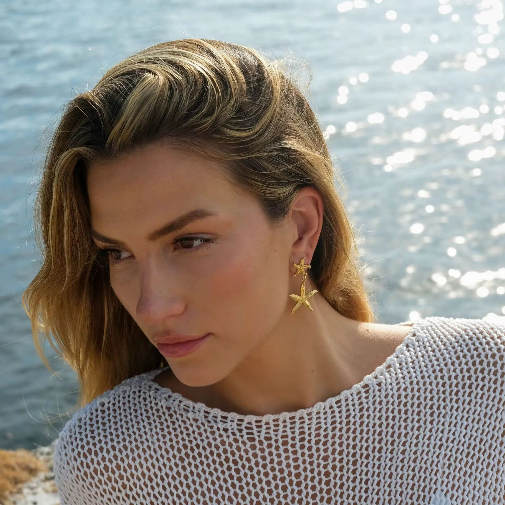 Starfish earrings styled with summer outfit