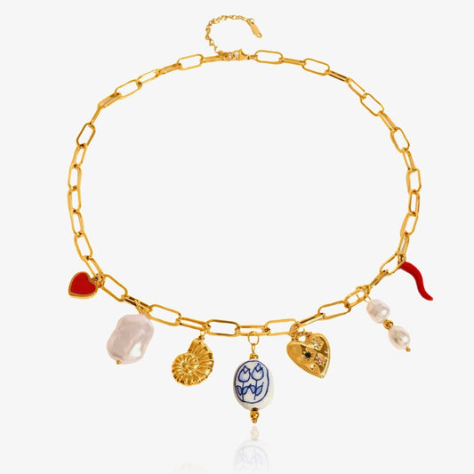Summer charms necklace with natural pearls and colorful pendants