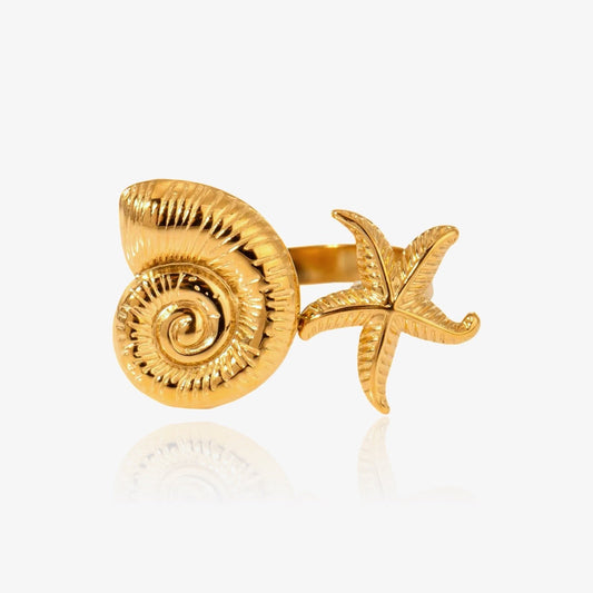 Front view of gold summer starfish swirl wrap ring